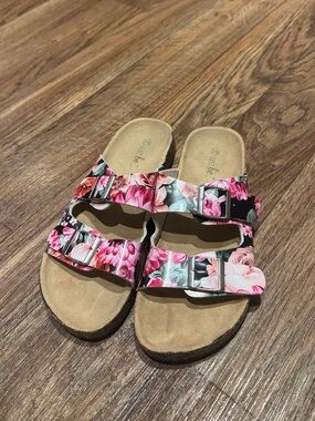 Floral Double-Buckle Slide Sandals - Pink Floral